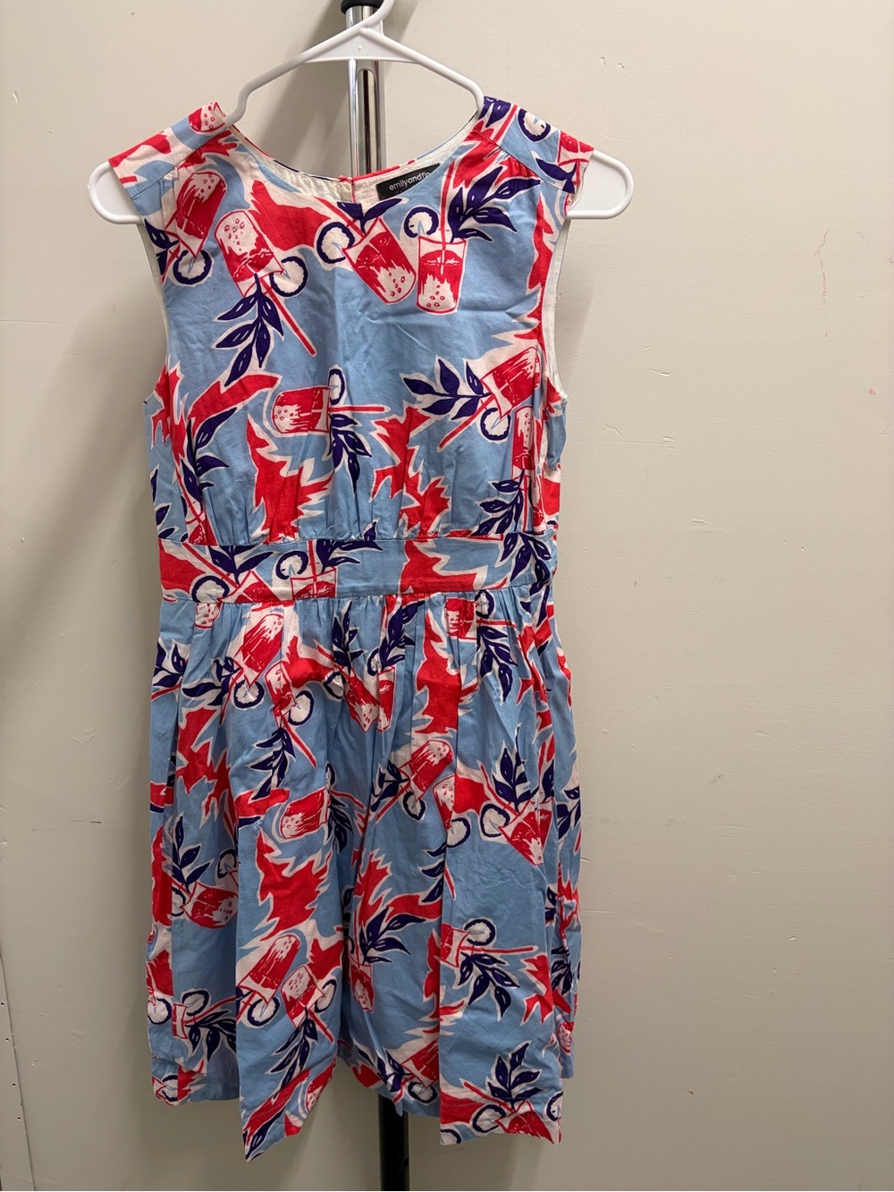 Emily & Fin Sleeveless Printed Summer Dress - Light Blue, Red & Navy size Small